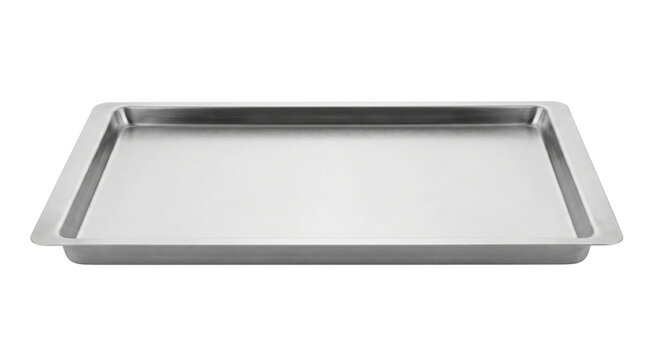 Sleek, empty rectangular stainless steel baking sheet on a white background