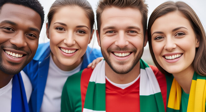 Diverse friends smiling happily, wearing sports scarves and jerseys, celebrating together