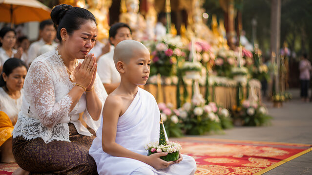 Young Thai Boy Novice Monk Ordination Ceremony with Mother in Prayer