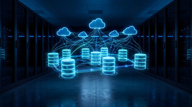 Cloud server storage hologram in data center with database cylinders and connected network streams