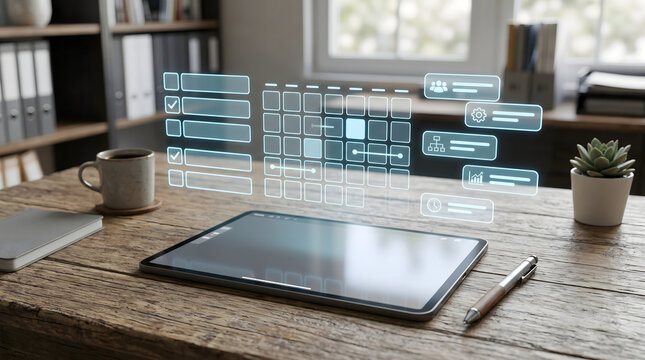 Project management tablet workspace with checklist calendar workflow cards and planning tools