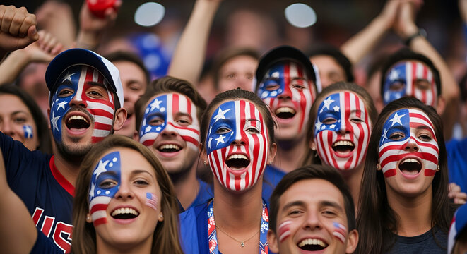 Enthusiastic Fans with USA Flag Face Paint at Sporting Event