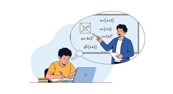 Student studying at desk with laptop while imagining his teacher explaining complex mathematical formulas on a whiteboard.