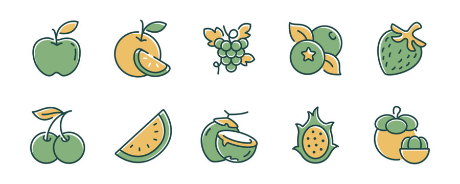 Fresh fruit icon line set. Natural healthy and tropical fruit signs outline vector illustration