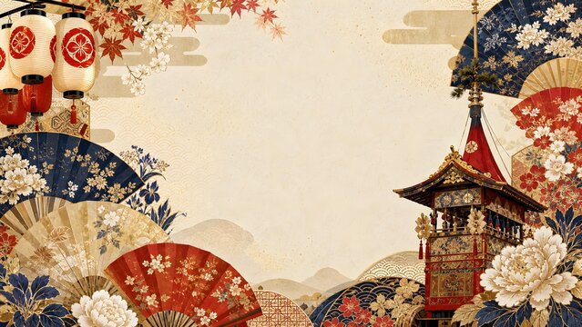 Decorative Japanese Folding Fans And Festival Lanterns With Red Maple Leaves Banner Background