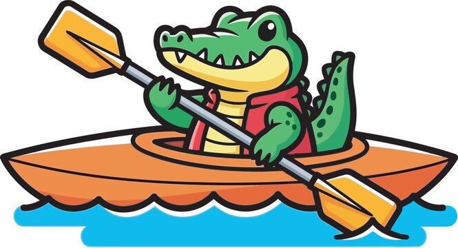 Cute cartoon alligator vector character smiling while sitting in an orange kayak and holding a paddle. Perfect for children's outdoor sports decorations, adventure branding, playful reptile stickers.