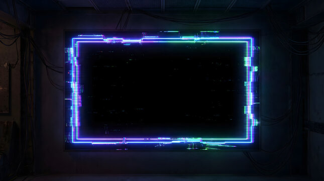 Glitch neon cyber frame with dark copy space for futuristic digital interface background design arts