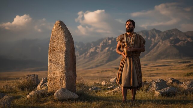 Jacob Consecrates the Stone at Dawn, Standing in Open Country with Oil in His Hand Beneath the Vast Sky After Receiving a Divine Vision