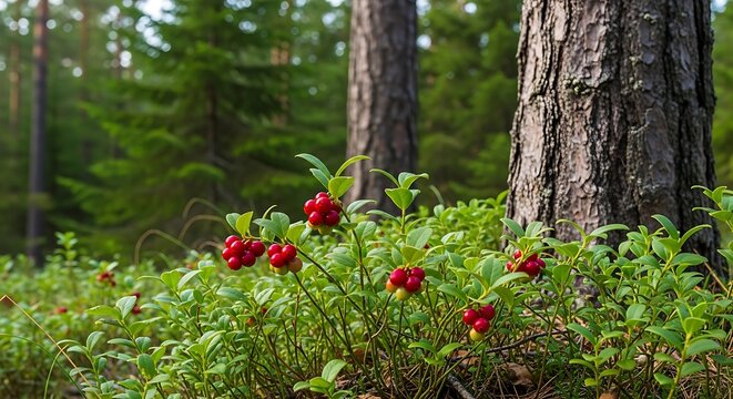 Fresh ripe red cowberries growing on green bushes in the middle of a peaceful forest during a sunny summer day. american bearberry