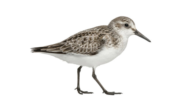 Small shorebird with long legs standing on a white background