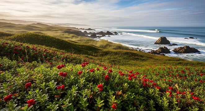 Beautiful wild red flowers blooming on a green grassy cliff overlooking the blue ocean and rocky coastline. american bearberry