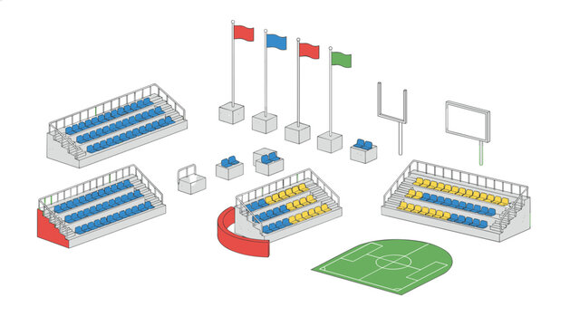 Arena components collection including modular bleachers, colorful flagpoles, goal posts, and a scoreboard for designing custom arena layouts.