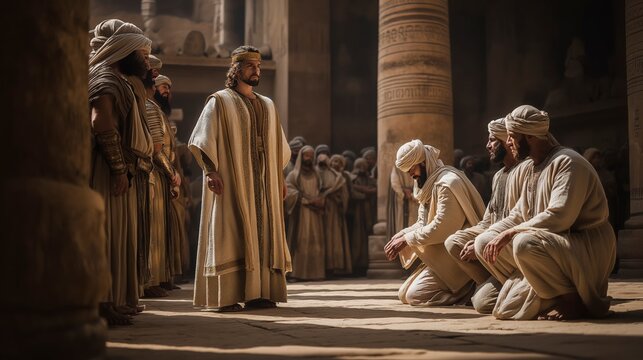 Joseph Reveals His Power in the Egyptian Palace Courtyard as His Brothers Bow Before Him Among Guards and Towering Stone Columns