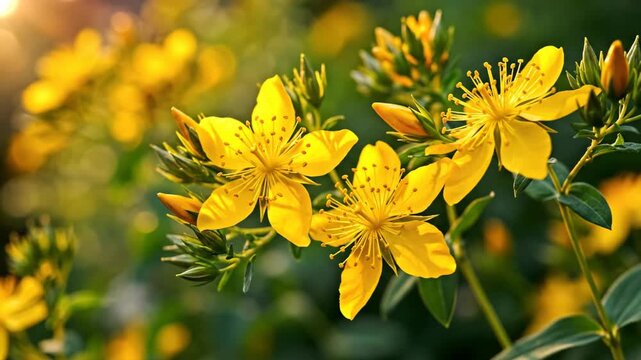 St Johns Wort yellow flowers swaying slow motion close-up loop, star-shaped blooms in warm summer sun, traditional solstice herb footage for herbal wellness botanical brand video content.