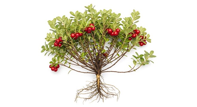 A small cranberry bush with green leaves red berries and visible roots showing the entire plant structure. american bearberry