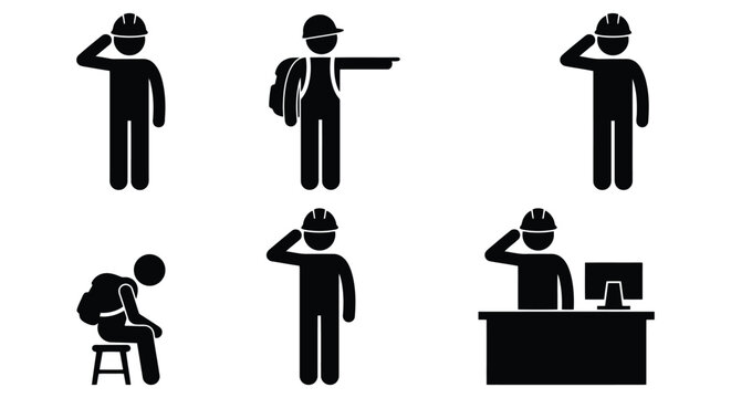 Set of construction worker icons in various poses and situations
