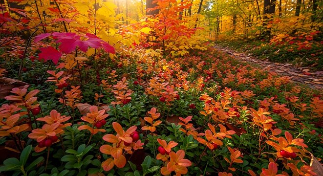Beautiful autumn forest scenery with bright red and orange leaves glowing in the warm golden afternoon sunlight. american bearberry