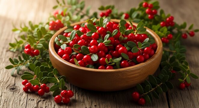 Fresh ripe red lingonberries in a wooden bowl on a rustic dark wooden table with green leaves and forest plants. american bearberry