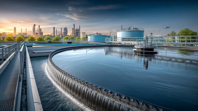 Large Modern Water Treatment Facility with Sunset Sky Background