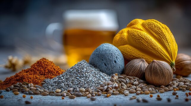 Vibrant Arrangement of Grains, Spices, and Ingredients for Brewing