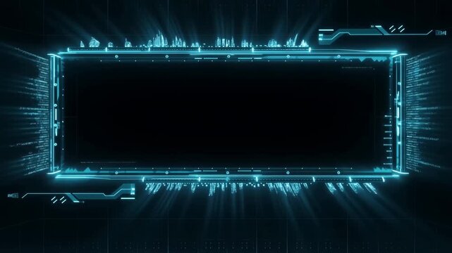 Static shot of glowing holographic rectangular interface pulsing with streaming data in dark futuristic cyber grid background