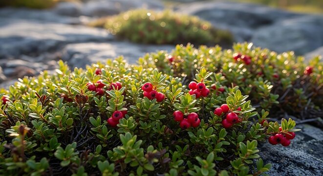 Fresh red lingonberries growing on small green bushes in the wild forest during a bright summer day. american bearberry