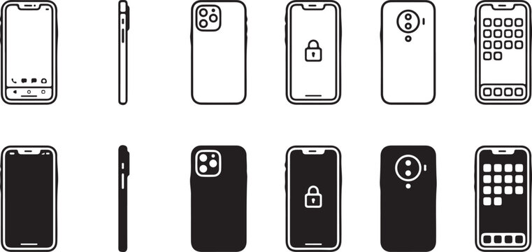 Collection of smartphone icons with front back locked screen views mobile phone smart device cell phone vector icon smartphone silhouette technology communication security front view
