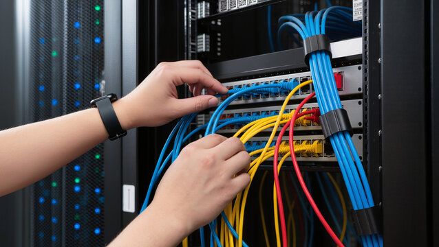 Data center cable management, IT engineer patch panel configuration, Server room maintenance, Networking ethernet connections, Structured cabling installation, System administrator hardware setup