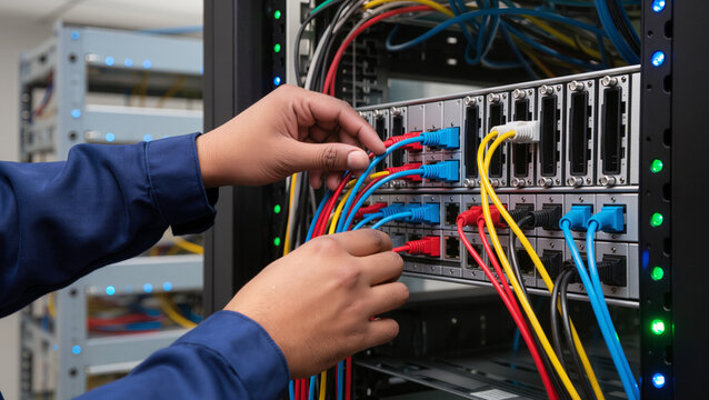 Data center cable management, IT engineer patch panel configuration, Server room maintenance, Networking ethernet connections, Structured cabling installation, System administrator hardware setup