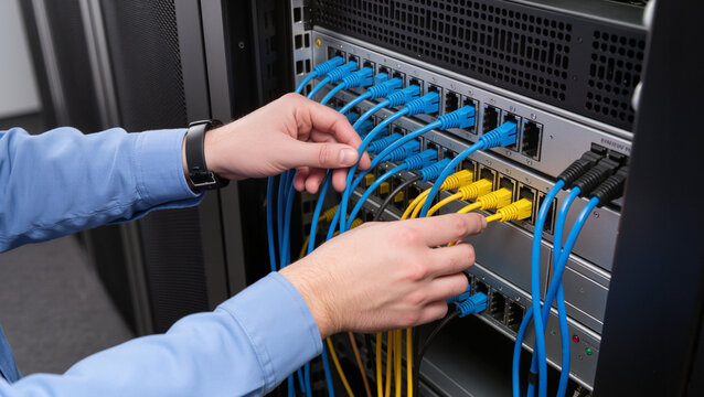 Data center cable management, IT engineer patch panel configuration, Server room maintenance, Networking ethernet connections, Structured cabling installation, System administrator hardware setup