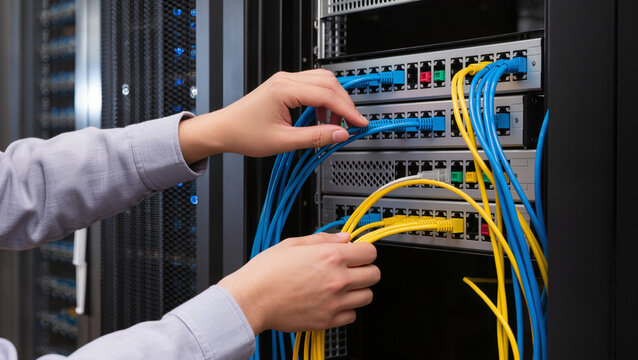 Data center cable management, IT engineer patch panel configuration, Server room maintenance, Networking ethernet connections, Structured cabling installation, System administrator hardware setup