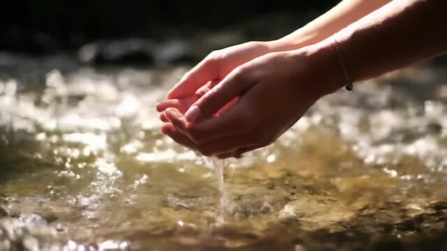 Clean, anonymous hands scoop crystal-clear water from a pristine forest stream with moss-covered rocks, bathed in soft golden hour light, dappled through emerald foliage, with creamy bokeh. Concept