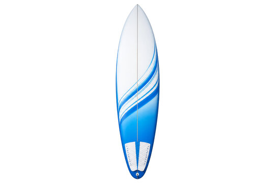 A vibrant blue and white surfboard with a sleek design for ocean adventures