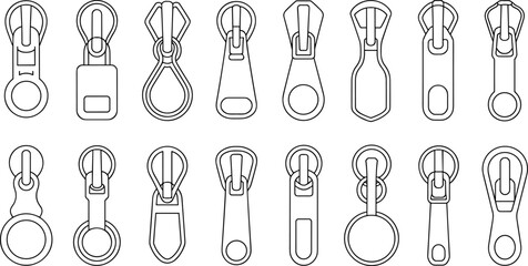 Collection of various metal zipper puller icons in flat outline style for garment hardware and fashion design accessories image_df70fe.png. © OBAYDUL