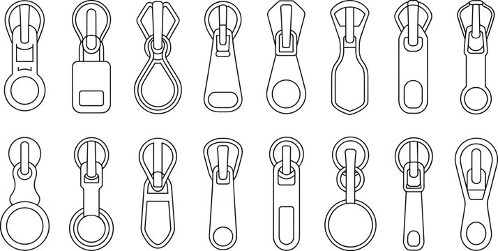 Collection of various metal zipper puller icons in flat outline style for garment hardware and fashion design accessories image_df70fe.png.