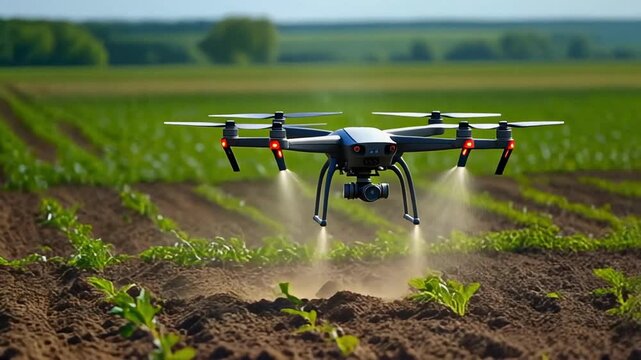 Agricultural drone fertilizes the soil