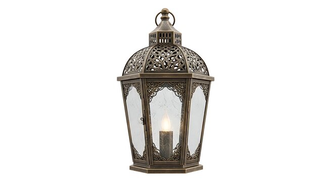 A bronze lantern with glass panels contains a lit candle inside.