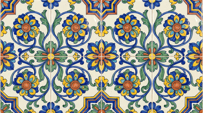 Vibrant sunflower ceramic tile pattern with geometric stars and repeating floral medallions for mediterranean decor.
