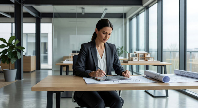 Woman architect drawing house plan on digital tablet at office. Professional female designer working on architectural project with drafting tool. Modern building construction concept.