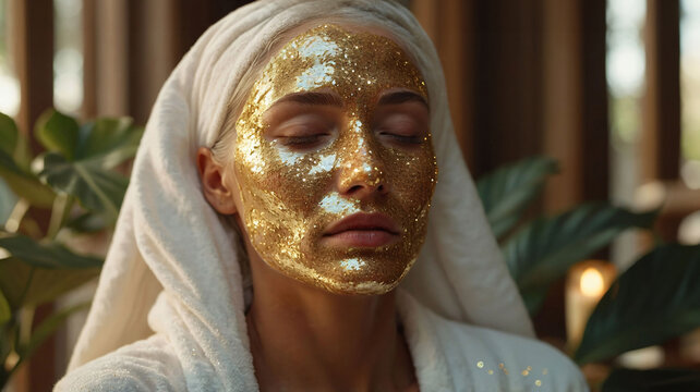 Young woman enjoying a luxurious gold facial mask during a premium spa treatment. Beauty, skincare, anti-aging and wellness concept