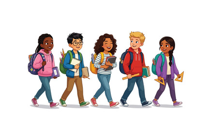 Fototapeta premium Group of diverse school children walking together with backpacks and supplies.