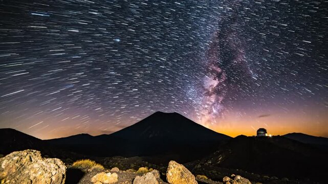 Time-lapse of starry night sky over mountain landscape with milky way and observatory at dawn