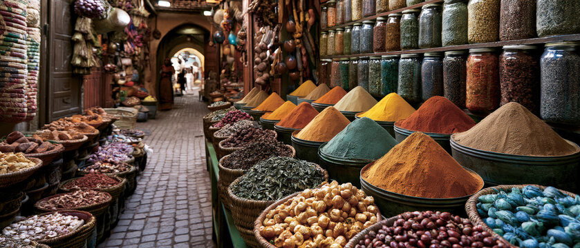 Colorful spices fill market stalls along stone pathways