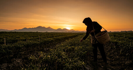 Fototapeta premium silhouette A traditional chili farmer picking chilies