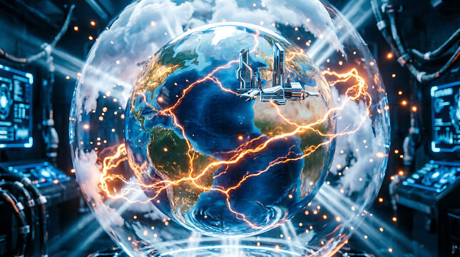 Abstract blue fractal technology background of global digital communication network internet world map concept