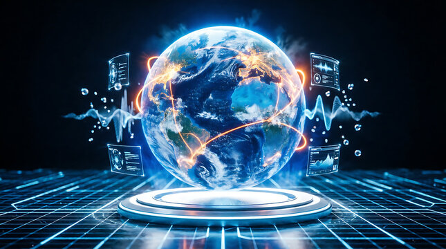 Global communication and business network technology connecting world map with digital internet data concept illustration
