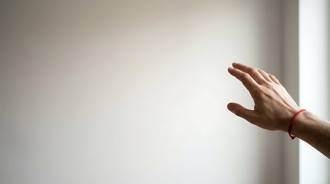 Hand reaching out with a red string bracelet against a white wall