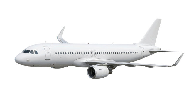 Modern white passenger airplane with winglets in flight against a white background