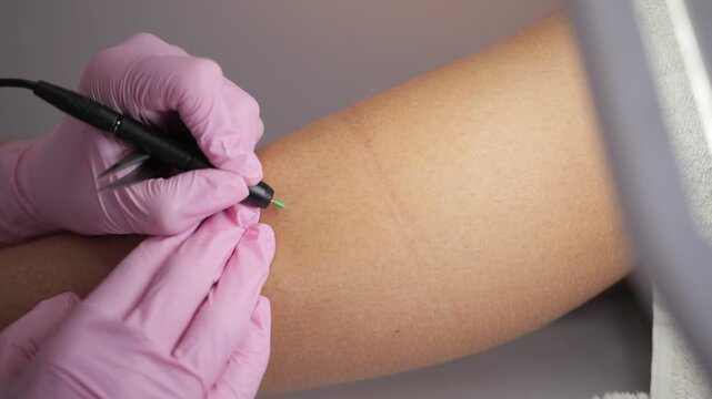 Professional electrolysis hair removal procedure on leg