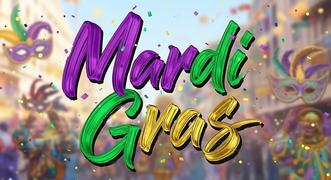 Colorful mardi gras typography with confetti and masks on street background